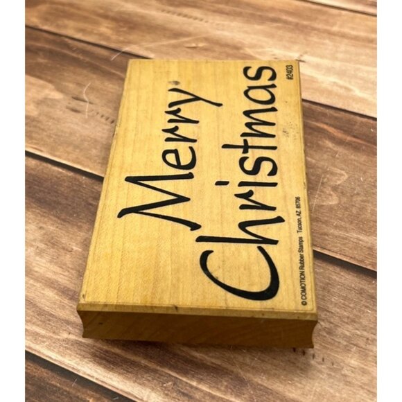 VERY HTF VINTAGE COMOTION #2403 MERRY CHRISTMAS LARGE WOOD MOUNTED RUBBER STAMP - Picture 6 of 6